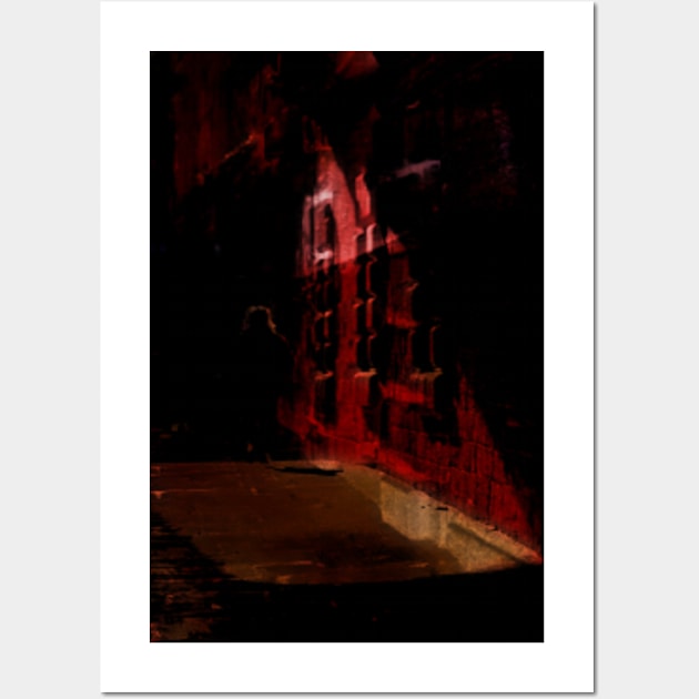 Special processing. Person walking at night, on dark street, with stone walls. Red. Wall Art by 234TeeUser234